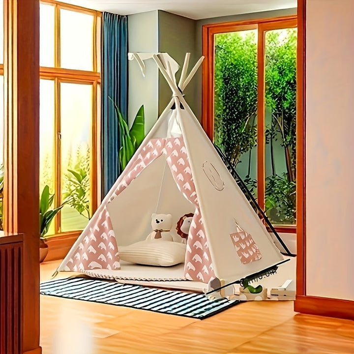 Wooden-frame kids teepee tent with bear-print curtains - product photo 5