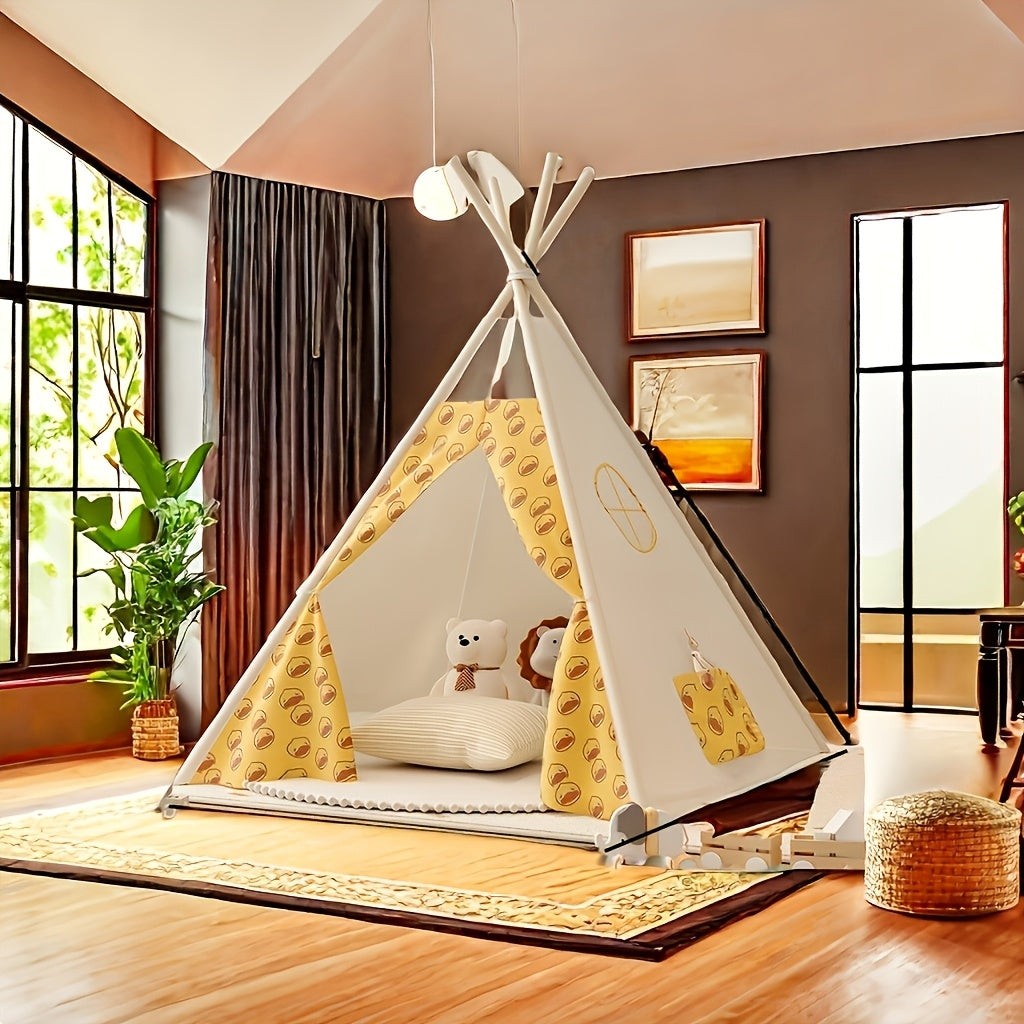 Wooden-frame kids teepee tent with bear-print curtains - product photo 6