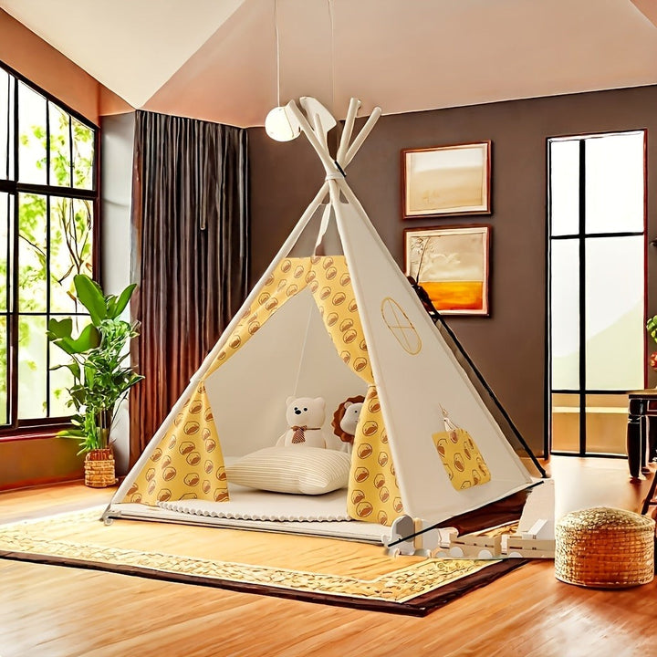 Wooden-frame kids teepee tent with bear-print curtains - product photo 6