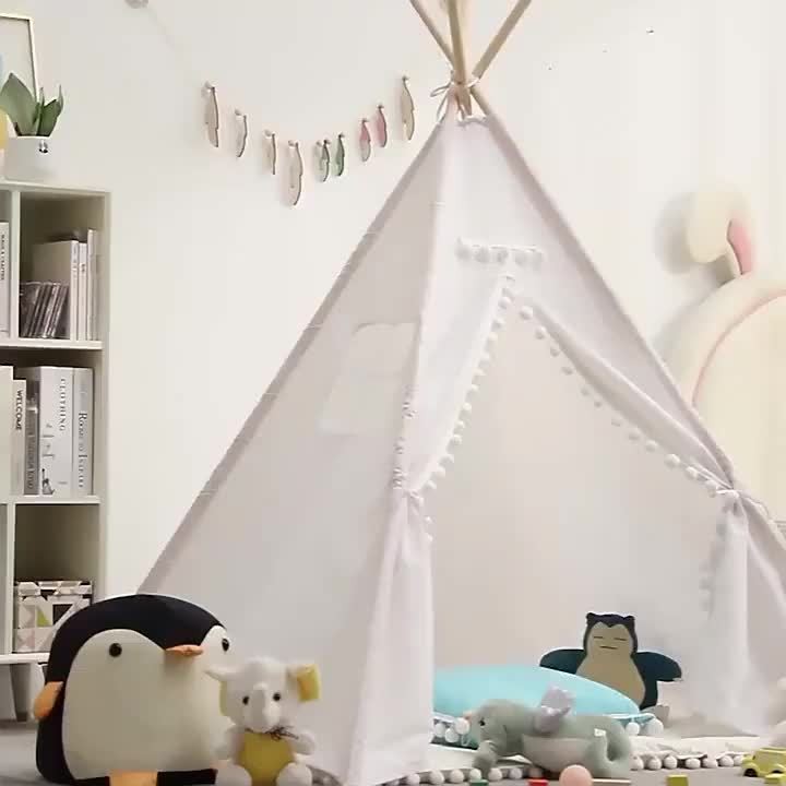 Wooden-frame kids teepee tent with bear-print curtains - product photo 7