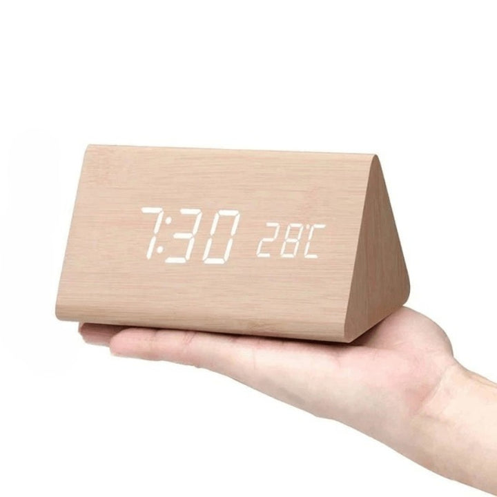 Wooden LED desk clock with a glowing digital time display - product photo 11