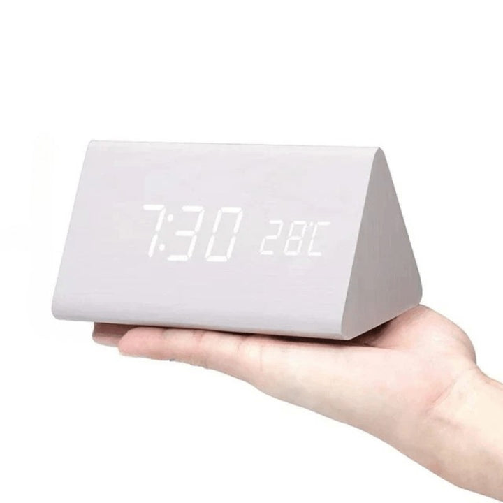 Wooden LED desk clock with a glowing digital time display - product photo 13