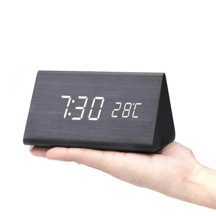 Wooden LED desk clock with a glowing digital time display - product photo 14