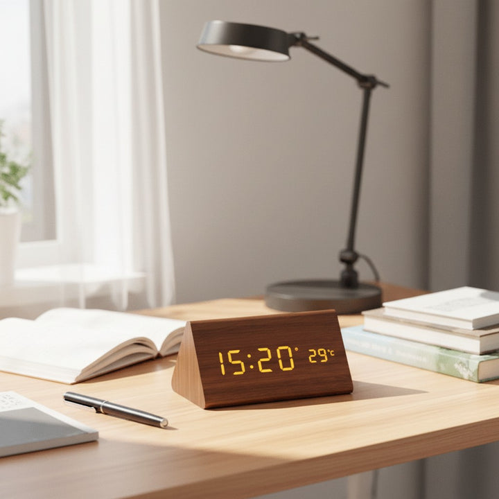 Wooden LED desk clock with a glowing digital time display - product photo 2