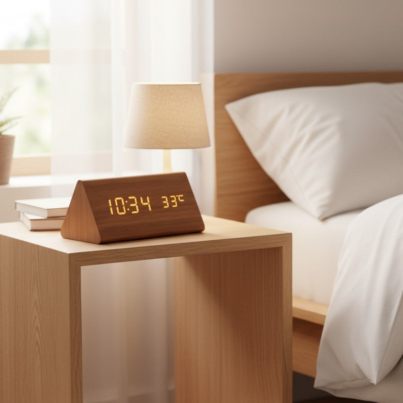Wooden LED desk clock with a glowing digital time display - product photo 3