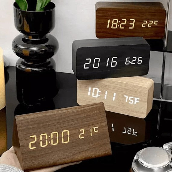 Wooden LED desk clock with a glowing digital time display - product photo 4