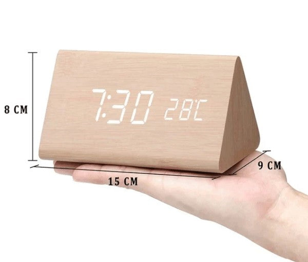 Wooden LED desk clock with a glowing digital time display - product photo 6