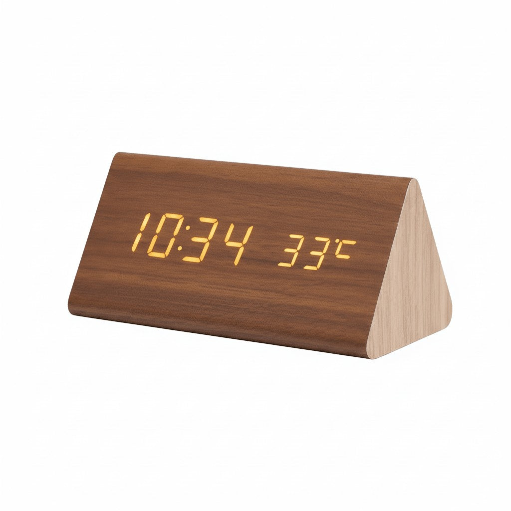 Wooden LED desk clock with a glowing digital time display - product photo 7