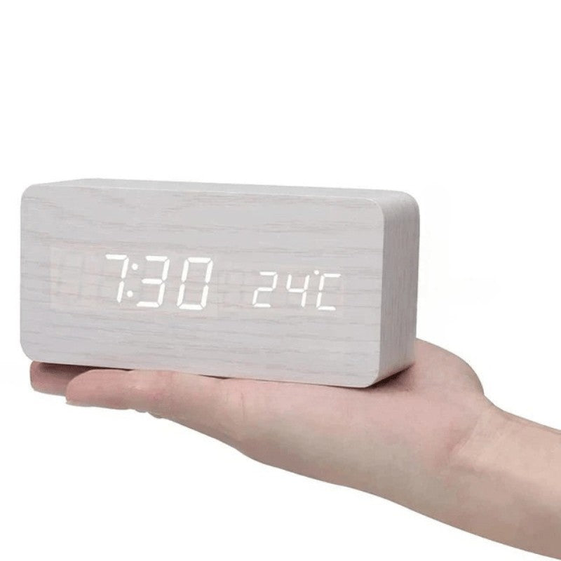 Wooden LED desk clock with a glowing digital time display - product photo 9