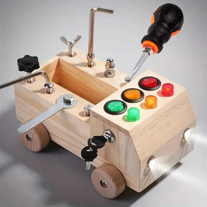 Wooden Montessori busy board with working tools and latches - product photo 1