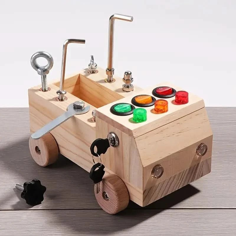 Wooden Montessori busy board with working tools and latches - product photo 5