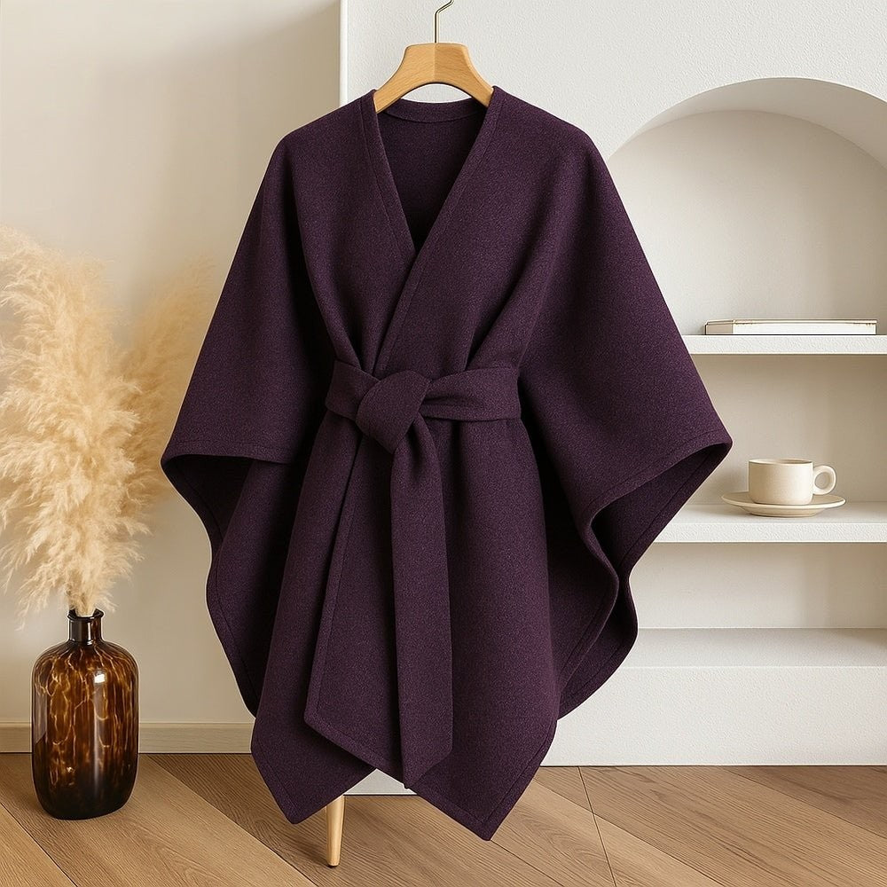Wool-blend poncho wrap draped over the shoulders - product photo 10