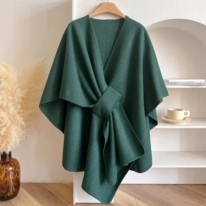 Wool-blend poncho wrap draped over the shoulders - product photo 4