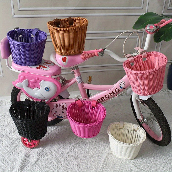 Woven bicycle basket mounted on a child's bike - product photo 1
