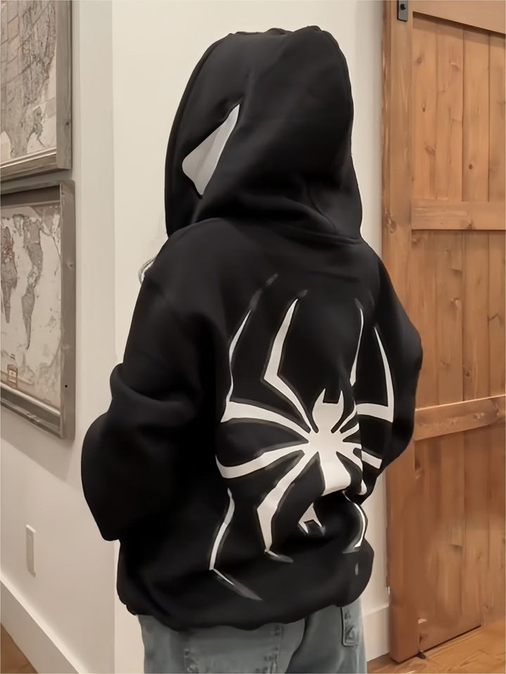 Oversized zip hoodie with a large spider graphic across the back - product photo 2